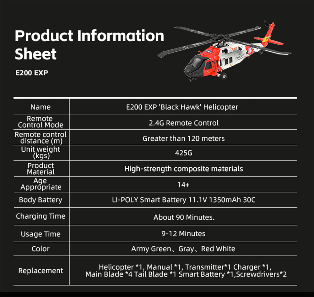 Eachine E200 EXP UH-60 SH-60 MH-60 2.4G 6CH 6-Axis Gyro Optical Flow Localization Dual Brushless Motor 1:47 Scale Flybarless RC Helicopter RTF